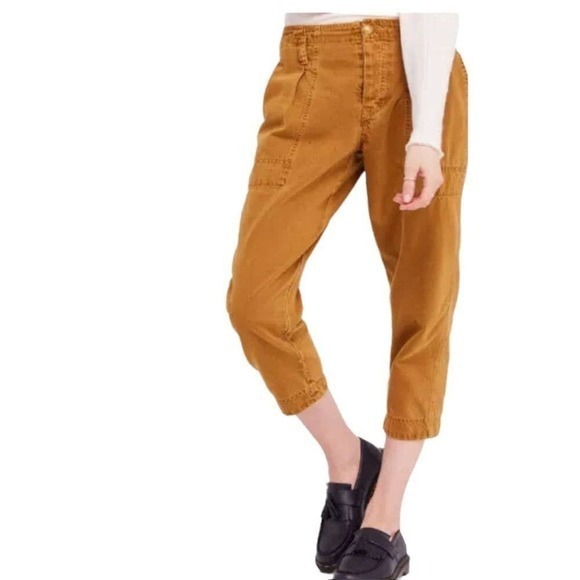 Free People Womens Cropped Chino Pants Size 6 Brown‎ Button Fly Cinch Back NWOT - Picture 1 of 8
